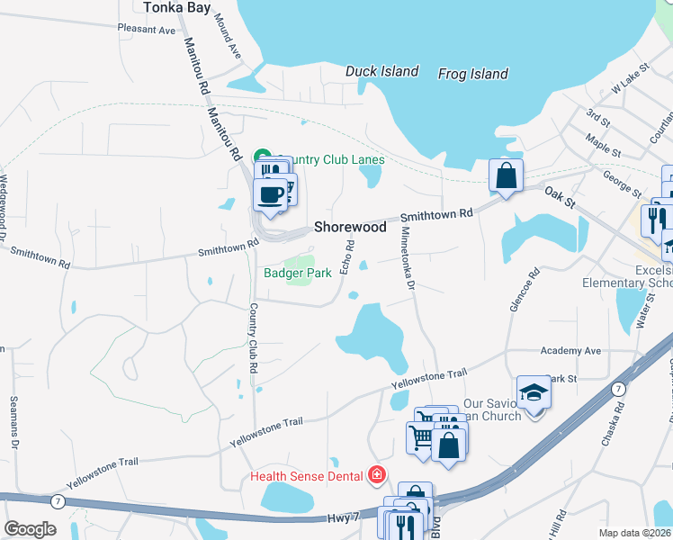 map of restaurants, bars, coffee shops, grocery stores, and more near 5725 Echo Road in Shorewood