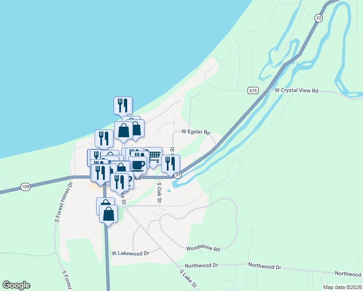 map of restaurants, bars, coffee shops, grocery stores, and more near 6000-6260 West Harbor Highway in Glen Arbor