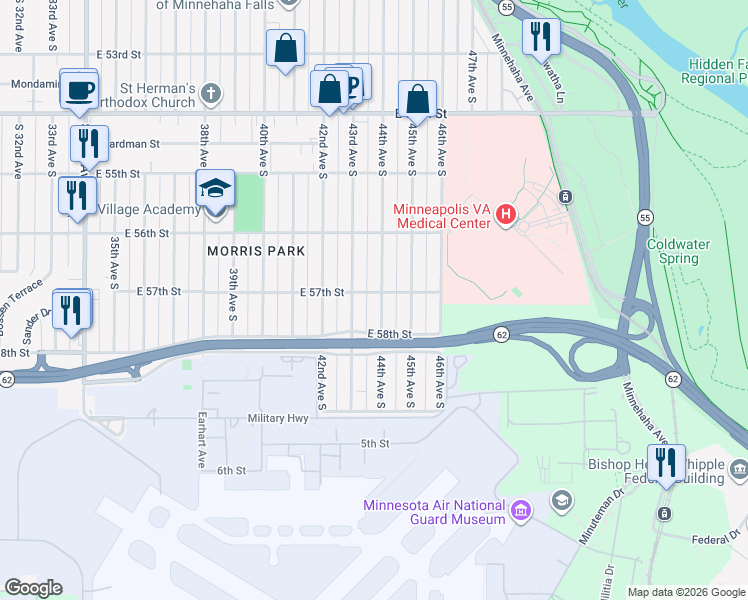 map of restaurants, bars, coffee shops, grocery stores, and more near 5715 44th Avenue South in Minneapolis
