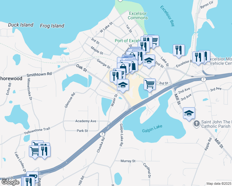 map of restaurants, bars, coffee shops, grocery stores, and more near 386 Oak Street in Excelsior