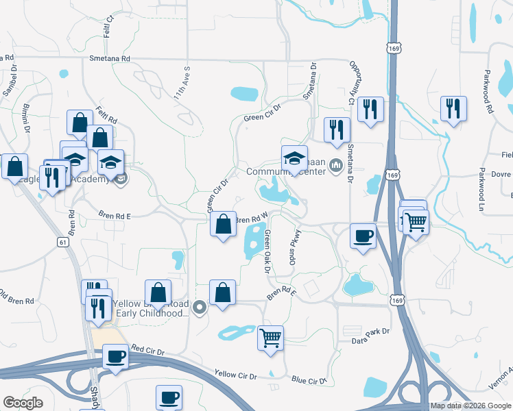 map of restaurants, bars, coffee shops, grocery stores, and more near 10350 Bren Road West in Minnetonka