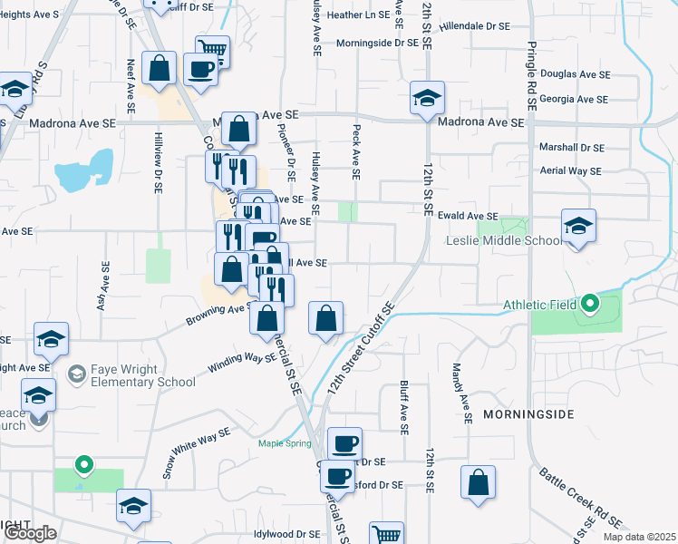 map of restaurants, bars, coffee shops, grocery stores, and more near 1010 Oakhill Avenue Southeast in Salem