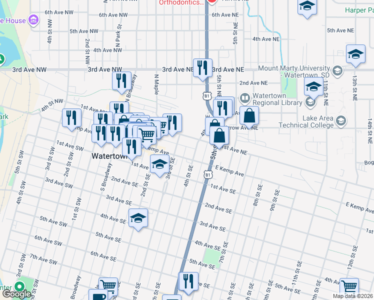 map of restaurants, bars, coffee shops, grocery stores, and more near 315 East Kemp Avenue in Watertown