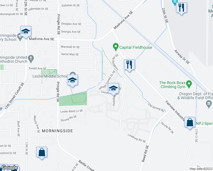 map of restaurants, bars, coffee shops, grocery stores, and more near 2154 Thoreau Avenue Southeast in Salem