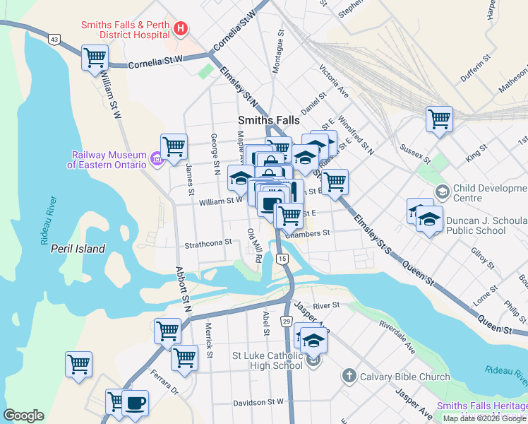 map of restaurants, bars, coffee shops, grocery stores, and more near 10 Main Street West in Smiths Falls