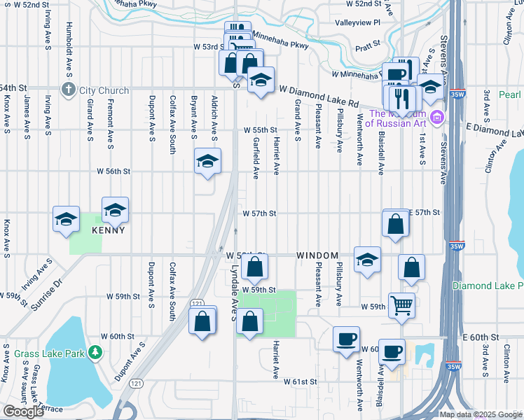 map of restaurants, bars, coffee shops, grocery stores, and more near 5701 Garfield Avenue in Minneapolis