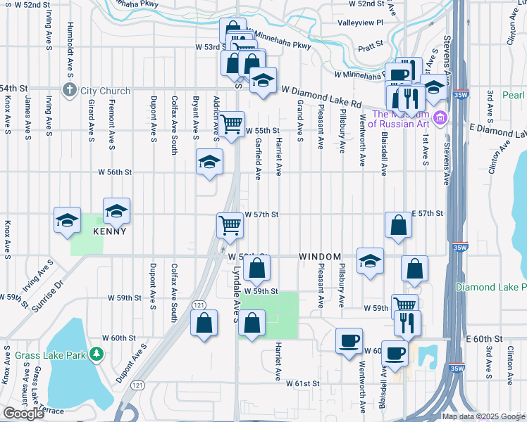 map of restaurants, bars, coffee shops, grocery stores, and more near 5701 Garfield Avenue in Minneapolis