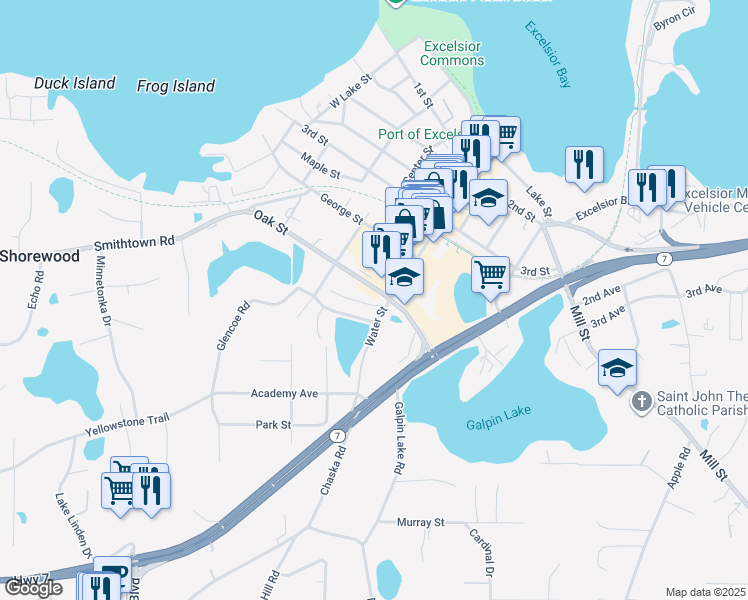 map of restaurants, bars, coffee shops, grocery stores, and more near 386 Oak Street in Excelsior