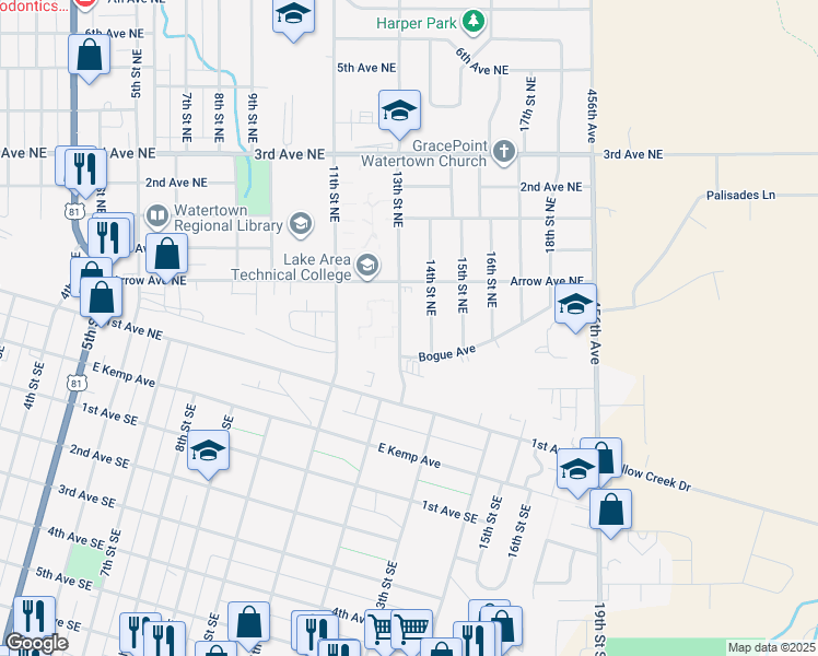 map of restaurants, bars, coffee shops, grocery stores, and more near 100-118 13th Street Northeast in Watertown