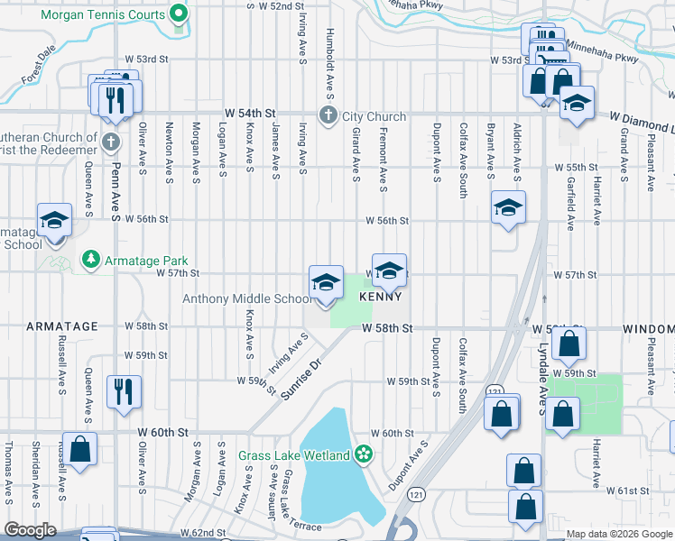 map of restaurants, bars, coffee shops, grocery stores, and more near 5656 Humboldt Avenue South in Minneapolis