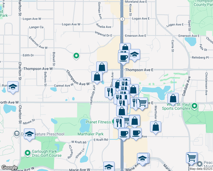 map of restaurants, bars, coffee shops, grocery stores, and more near 1549 Livingston Avenue in West Saint Paul