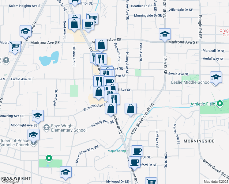 map of restaurants, bars, coffee shops, grocery stores, and more near 782 Oakhill Avenue Southeast in Salem