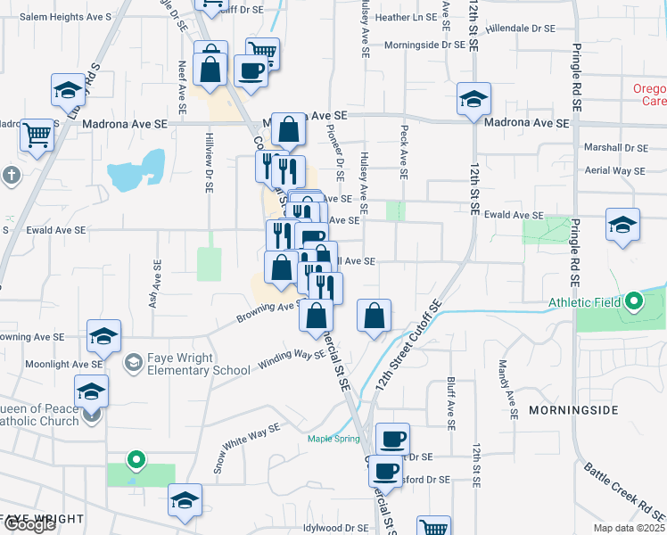map of restaurants, bars, coffee shops, grocery stores, and more near 810 Oakhill Avenue Southeast in Salem