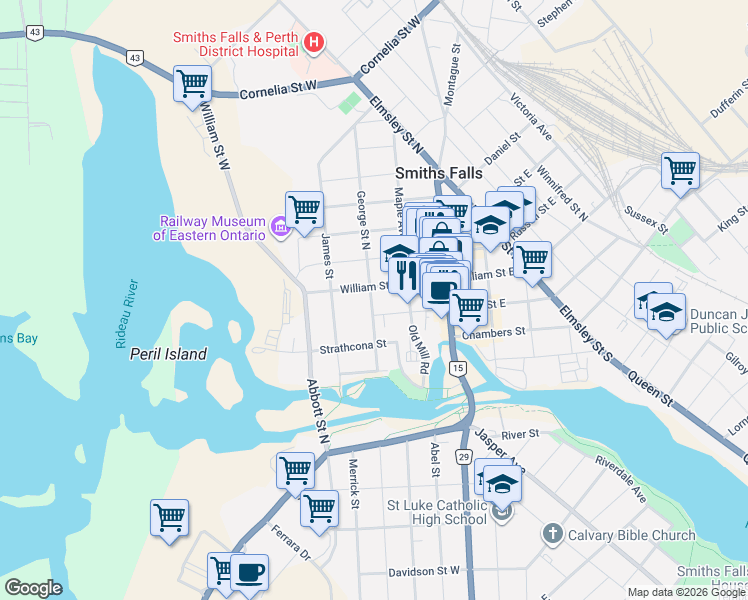 map of restaurants, bars, coffee shops, grocery stores, and more near in Smiths Falls