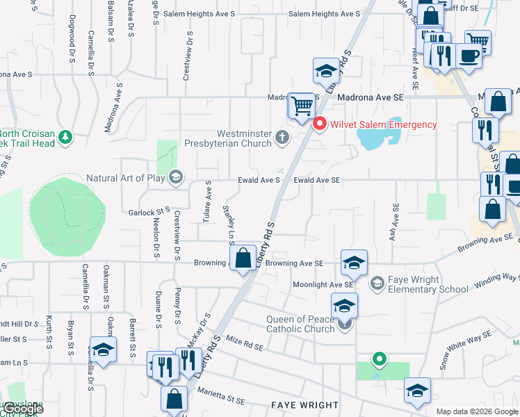 map of restaurants, bars, coffee shops, grocery stores, and more near 3875 Liberty Road South in Salem