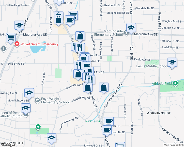 map of restaurants, bars, coffee shops, grocery stores, and more near 810 Oakhill Avenue Southeast in Salem