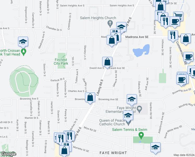 map of restaurants, bars, coffee shops, grocery stores, and more near 3895 Liberty Road South in Salem