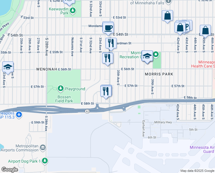 map of restaurants, bars, coffee shops, grocery stores, and more near 5712 South 34th Avenue in Minneapolis
