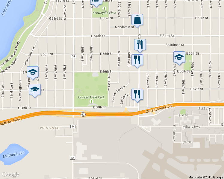 map of restaurants, bars, coffee shops, grocery stores, and more near 5733 Bossen Terrace in Minneapolis