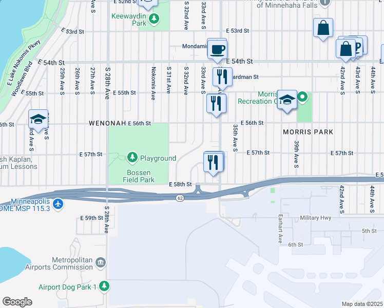 map of restaurants, bars, coffee shops, grocery stores, and more near 5709 Bossen Terrace in Minneapolis