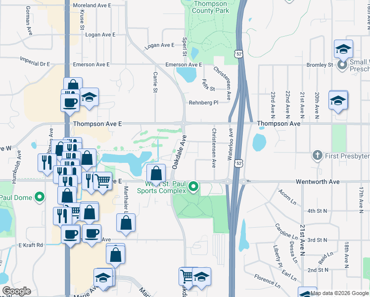 map of restaurants, bars, coffee shops, grocery stores, and more near 1544 Oakdale Avenue in Saint Paul