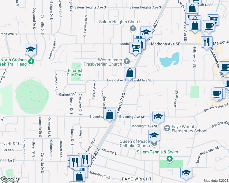 map of restaurants, bars, coffee shops, grocery stores, and more near 3800 Stanley Lane South in Salem
