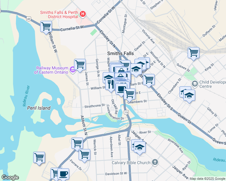 map of restaurants, bars, coffee shops, grocery stores, and more near in Smiths Falls