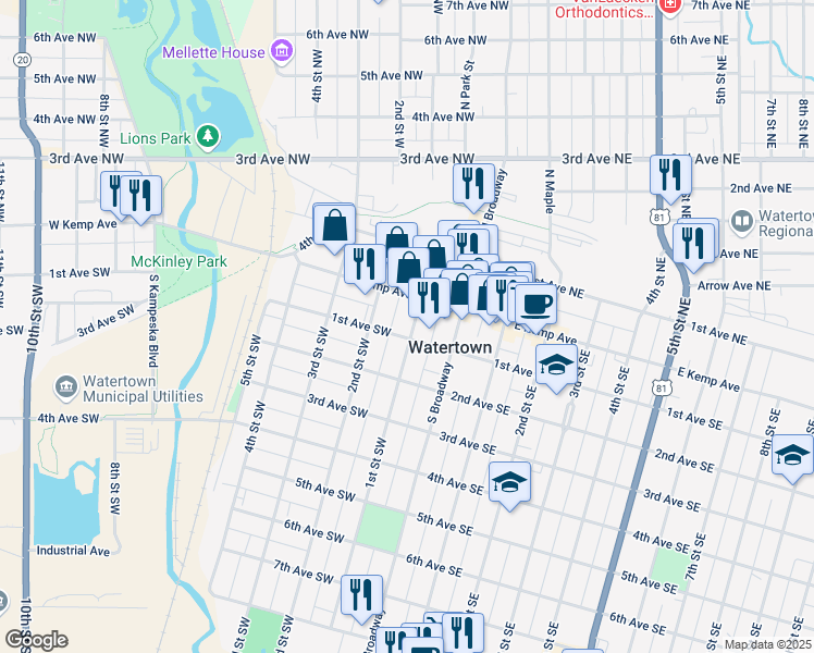 map of restaurants, bars, coffee shops, grocery stores, and more near 110 1/2 1st Avenue Northwest in Watertown