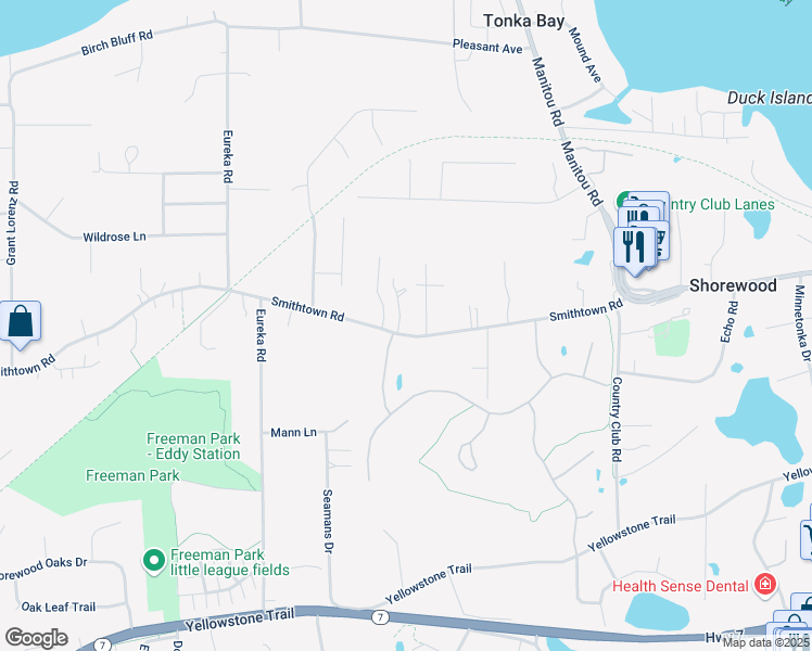 map of restaurants, bars, coffee shops, grocery stores, and more near 25005 Smithtown Road in Shorewood