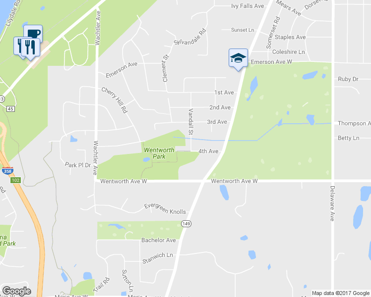 map of restaurants, bars, coffee shops, grocery stores, and more near 1527 Vandall Street in Mendota Heights