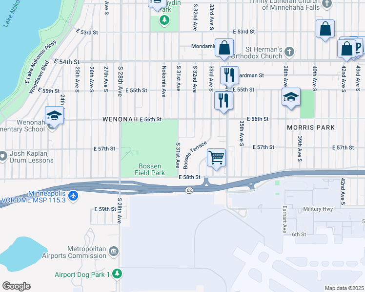 map of restaurants, bars, coffee shops, grocery stores, and more near 5717 31st Avenue South in Minneapolis