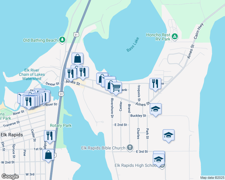 map of restaurants, bars, coffee shops, grocery stores, and more near 140 Ames Street in Elk Rapids