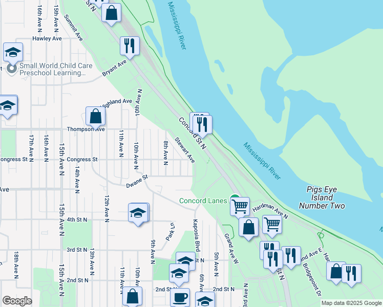 map of restaurants, bars, coffee shops, grocery stores, and more near 523 Stewart Avenue in South Saint Paul