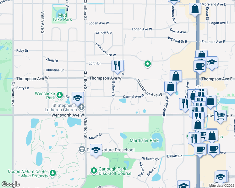 map of restaurants, bars, coffee shops, grocery stores, and more near 1560 Bellows Street in West Saint Paul