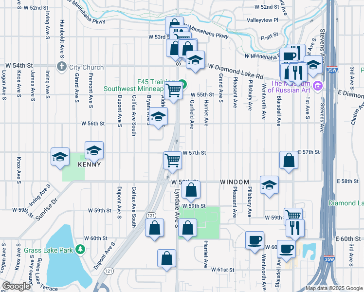 map of restaurants, bars, coffee shops, grocery stores, and more near 5703 Lyndale Avenue South in Minneapolis