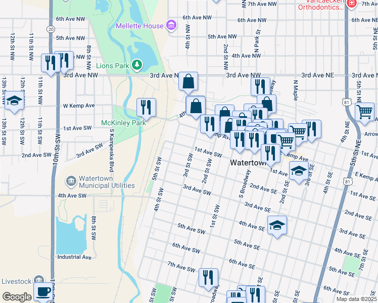 map of restaurants, bars, coffee shops, grocery stores, and more near 150-198 3rd Street Southwest in Watertown