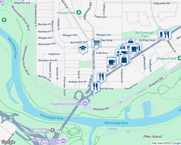 map of restaurants, bars, coffee shops, grocery stores, and more near 1812 Munster Avenue West in Saint Paul