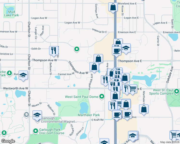 map of restaurants, bars, coffee shops, grocery stores, and more near 2 Thompson Avenue West in West Saint Paul