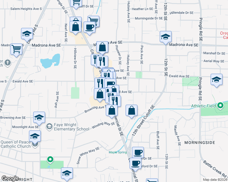 map of restaurants, bars, coffee shops, grocery stores, and more near 780 Oakhill Avenue Southeast in Salem