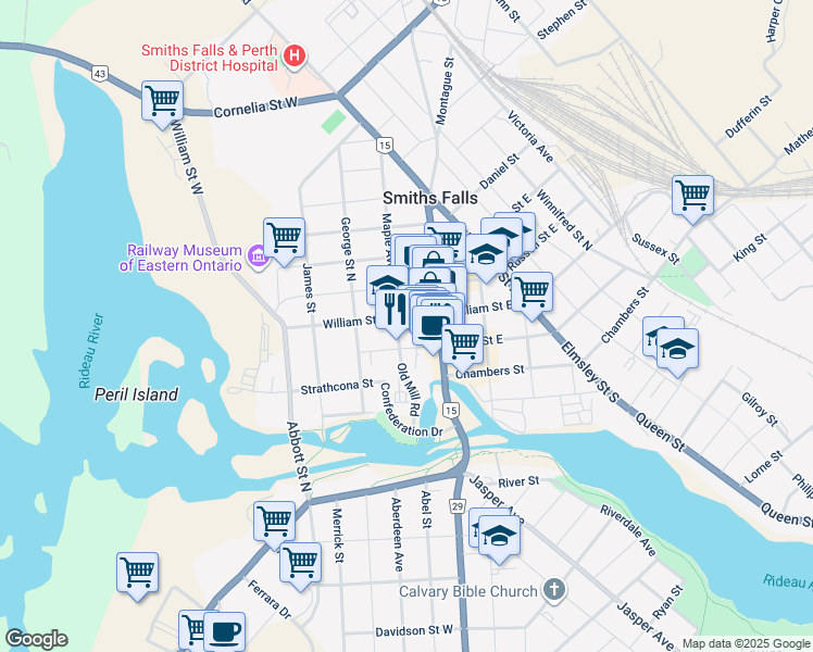 map of restaurants, bars, coffee shops, grocery stores, and more near in Smiths Falls
