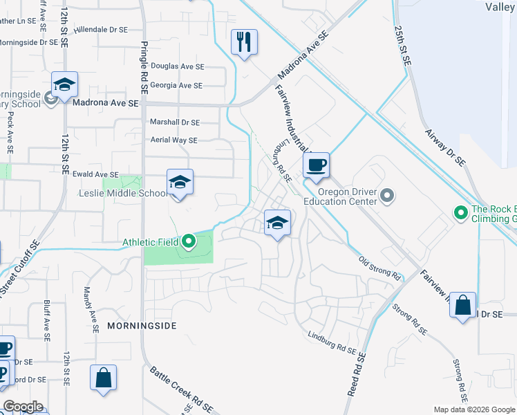 map of restaurants, bars, coffee shops, grocery stores, and more near 3867 Village Center Drive Southeast in Salem