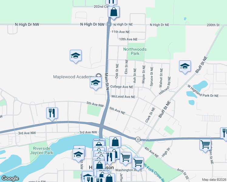 map of restaurants, bars, coffee shops, grocery stores, and more near 531 Main Street North in Hutchinson