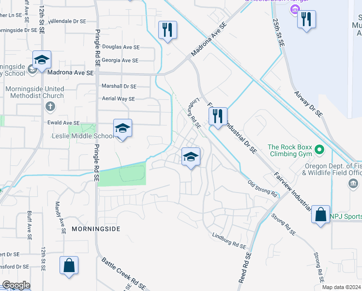 map of restaurants, bars, coffee shops, grocery stores, and more near 2154 Thoreau Avenue Southeast in Salem