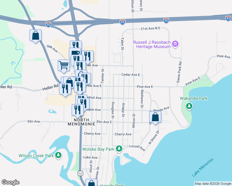 map of restaurants, bars, coffee shops, grocery stores, and more near 1432 Douglas Street in Menomonie