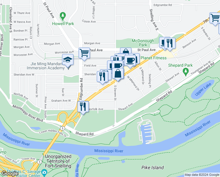 map of restaurants, bars, coffee shops, grocery stores, and more near 1735 Graham Avenue West in Saint Paul