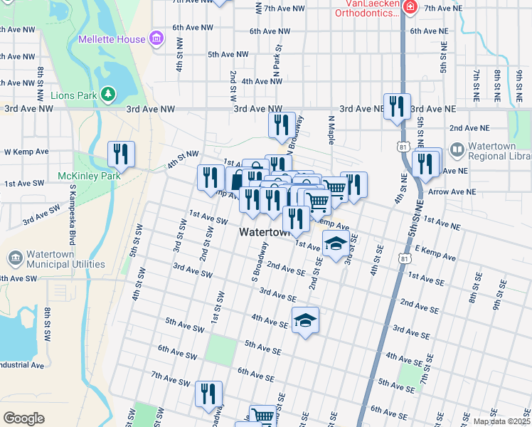 map of restaurants, bars, coffee shops, grocery stores, and more near in Watertown