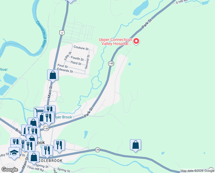 map of restaurants, bars, coffee shops, grocery stores, and more near 44 New Hampshire 145 in Colebrook