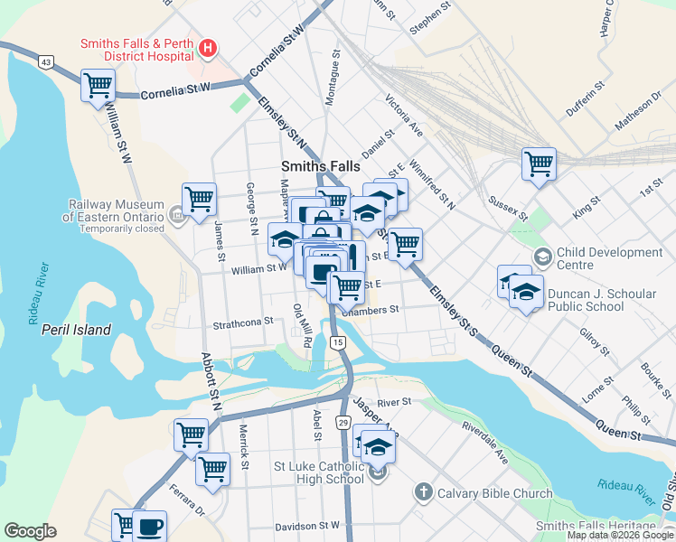 map of restaurants, bars, coffee shops, grocery stores, and more near 23 Beckwith Street North in Smiths Falls