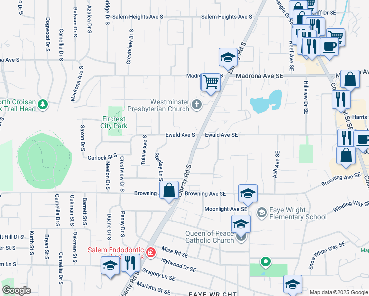 map of restaurants, bars, coffee shops, grocery stores, and more near 3865 Liberty Road South in Salem