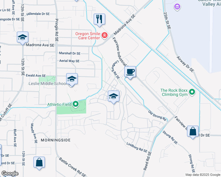 map of restaurants, bars, coffee shops, grocery stores, and more near 3771 Village Center Drive Southeast in Salem